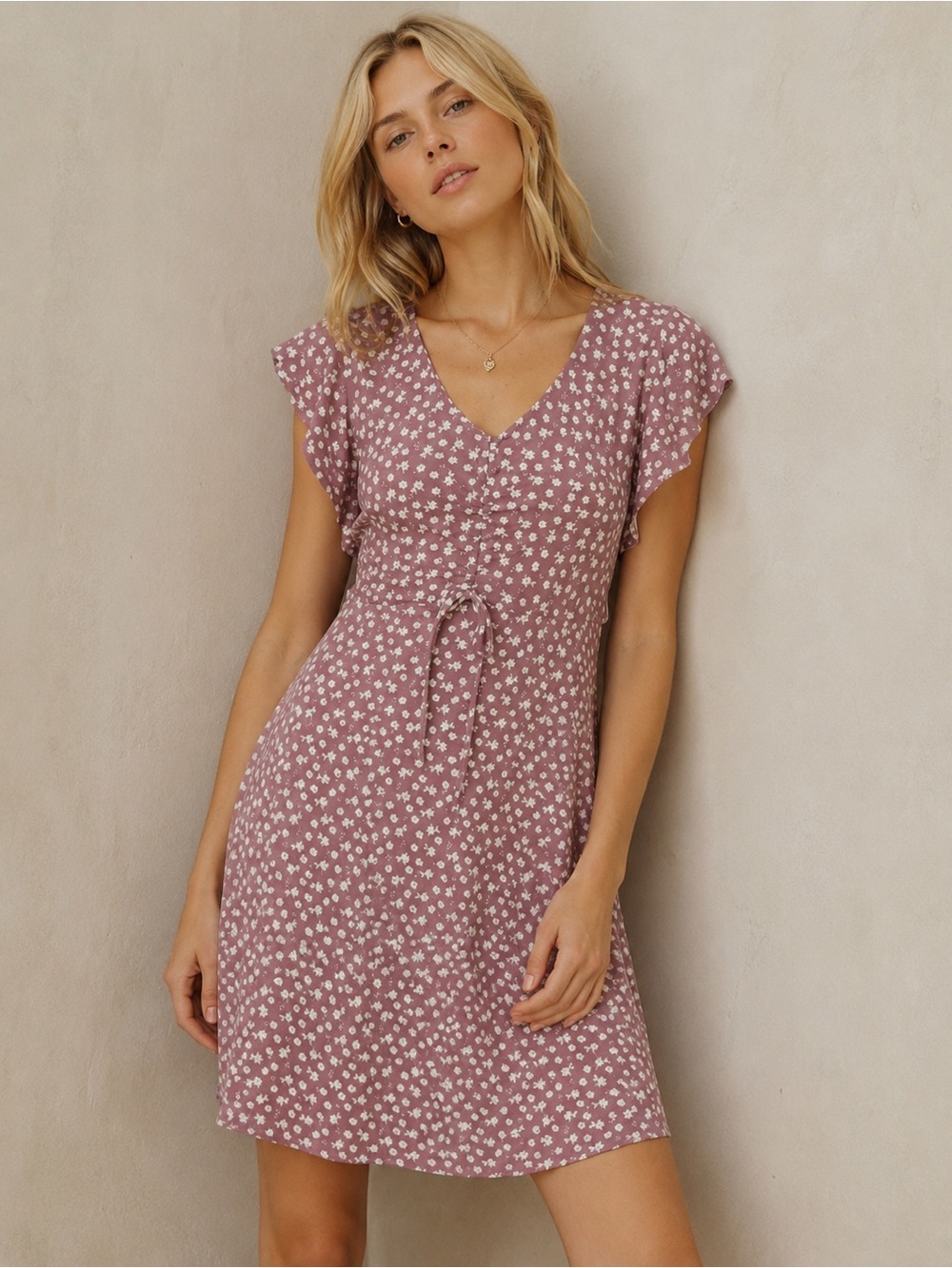 Monteau Los Angeles Mauve Floral Flutter Sleeve Lined Dress Size Medium